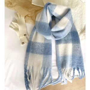Blue and cream white plaid scarf